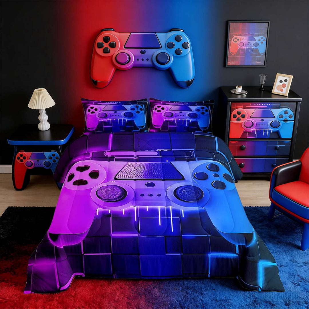 Blue Purple Gaming Full Size Comforter Sets - Gamer Comforter Full Size Bedding Set, Neon Lights Abstract Geometry Design Gamer Room Decor