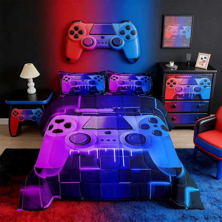 Blue Purple Gaming Full Size Comforter Sets - Gamer Comforter Full Size Bedding Set, Neon Lights Abstract Geometry Design Gamer Room Decor