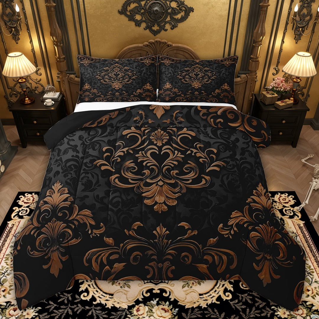 Manfei Bohemian Damask Comforter Sets Full Size, Black Brown Comforters &amp; Duvets, Victorian Flower Bedding Full Comforter Set, Breathable Bedroom Decoration, 3-Piece Reversible