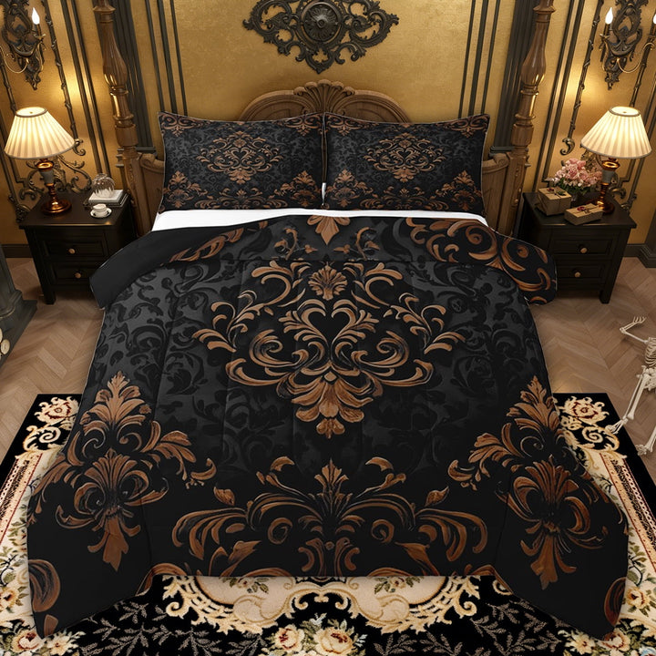 Manfei Bohemian Damask Comforter Sets Full Size, Black Brown Comforters &amp; Duvets, Victorian Flower Bedding Full Comforter Set, Breathable Bedroom Decoration, 3-Piece Reversible