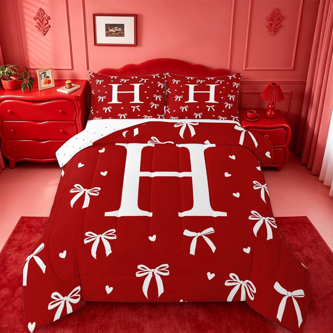 Manfei Christmas Red Style Full Size Comforter Sets For Kids,Ribbon Bow Themed Letter H Initial Lettering Bedding Sets,Reversible,3pcs