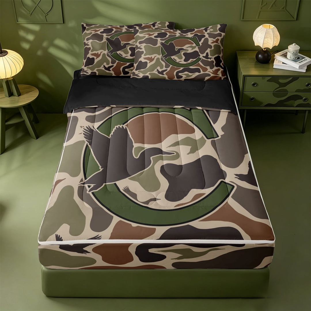 meiyoeat Camouflage Hunting Monogram C Zipper Twin Comforter Sets with Fitted Sheet and 2 Pillowcases For Boys,Rustic Farmhouse Mallard Zipper Bedding Set,Black Reversible,4 Pieces