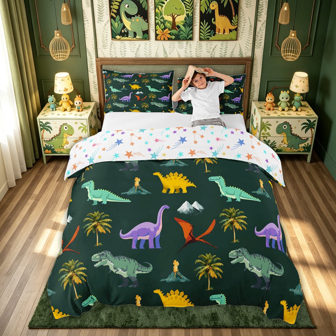 meiyoeat Cute Dinosaur Bedding for Kids Boys, Green Prehistoric Animal Duvet Cover Full for Bedroom, Colorful Star Reversible, 3-Piece