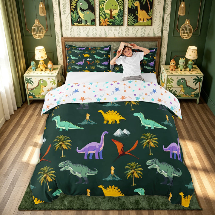 meiyoeat Cute Dinosaur Bedding for Kids Boys, Green Prehistoric Animal Duvet Cover Full for Bedroom, Colorful Star Reversible, 3-Piece