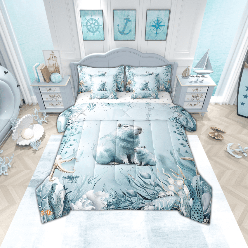Capybara Comforter Set 7 Piece Bed in a Bag Twin,Teal Blue Ocean Beach Coastal Bedding Set Starfish Octopus Tentacles Sheet Sets with Comforter Underwater Creature Coral Bed Set
