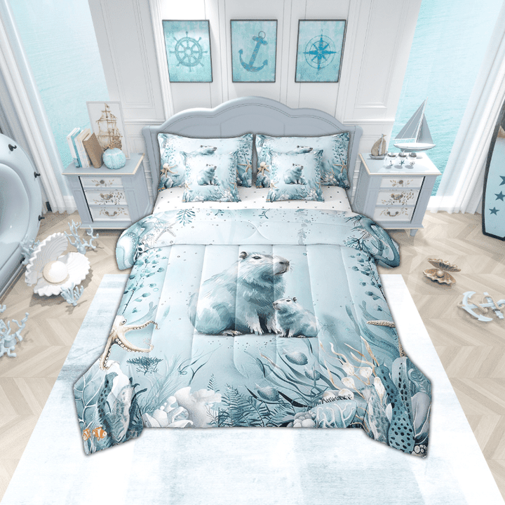 Capybara Comforter Set 7 Piece Bed in a Bag Twin,Teal Blue Ocean Beach Coastal Bedding Set Starfish Octopus Tentacles Sheet Sets with Comforter Underwater Creature Coral Bed Set