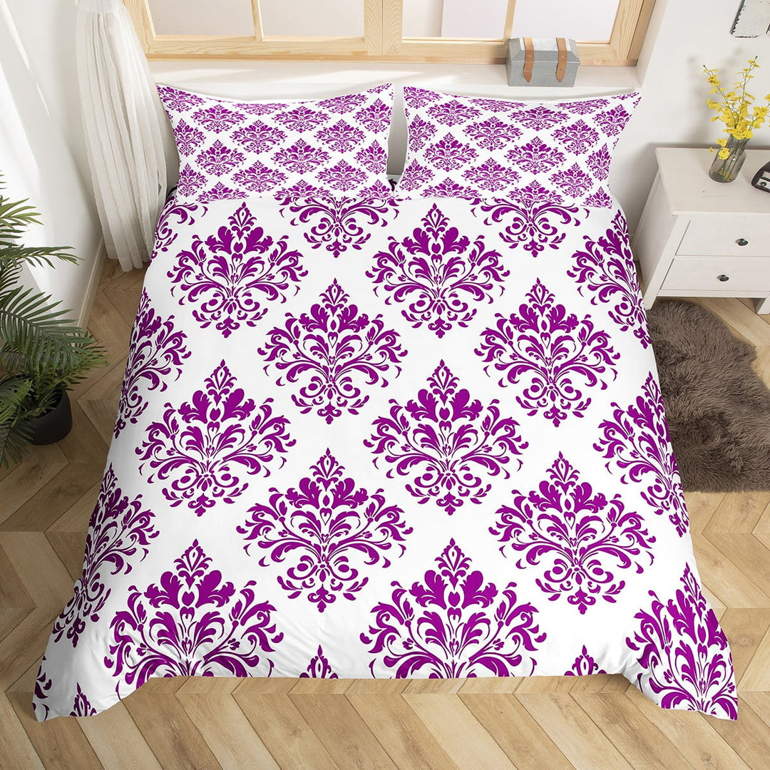 Manfei Boho Bohemain Flower Duvet Cover Twin,Damask Victorian Print Bedding Sets Twin Size,Purple White Bed Set For Teens,Super Cozy Room Decor Reversible£¨No Comforter£©,2pcs