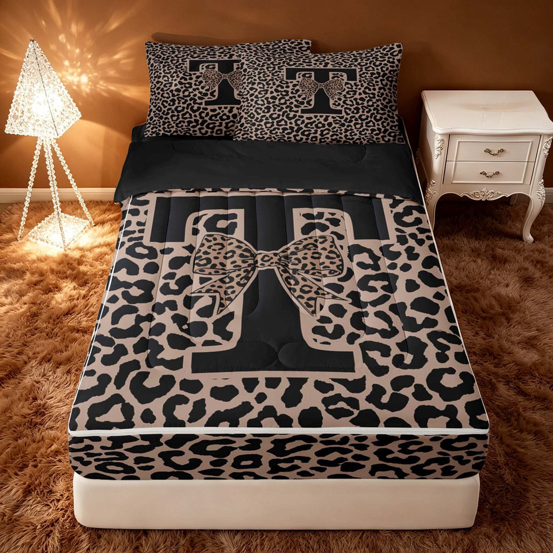 meiyoeat Leopard Print Bow Letter T Zipper Twin Comforter Sets with Fitted Sheet and 2 Pillowcases, Women Teens, Brown Animal Print Zipper Bedding Set, Black Reversible