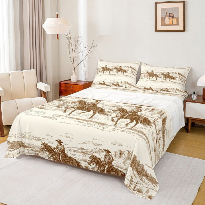 Erosebridal Western Bed Sheets Twin Size Cowboy Sheet Set American Wild West Desert Hand Drawn Illustration Fitted Sheet Country Theme Bedroom Decor Bedding Set Men Teens
