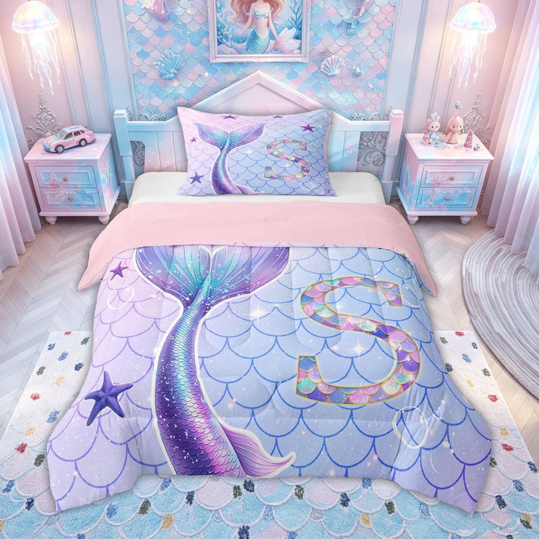 meiyoeat Mermaid Princess Scale Full Size Comforter Sets for Girls, Sparkle Initial S Bedding Comforter Set for Kids, Purple Blue, Pink Reversible 3pcs, 1 Comforter and 2 Pillowcases