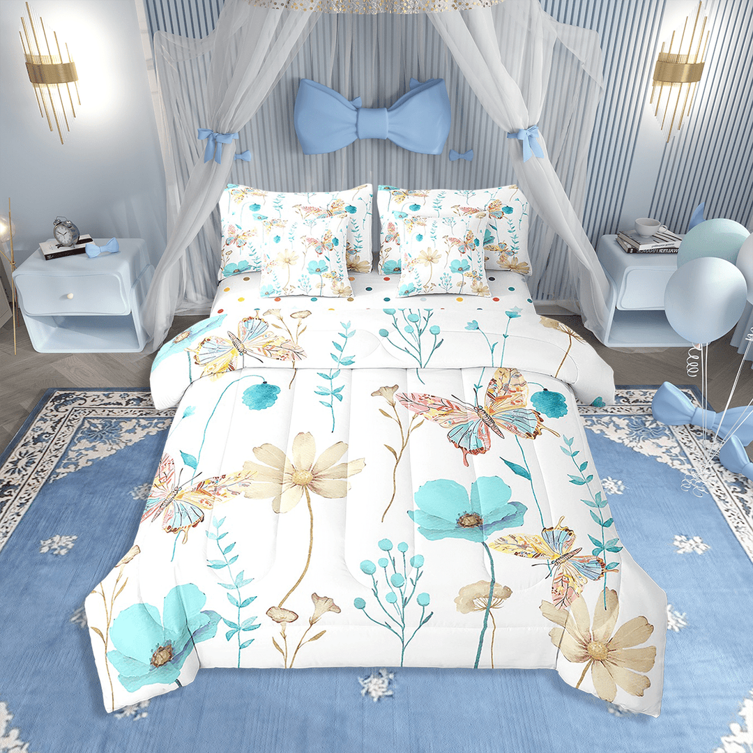 Butterfly Comforter Set With Sheets 7 Piece,Light Blue Beige Watercolor Floral Bedding Sets Twin For Teens Women,Rustic Farmhouse Bed In A Bag Branches Pastoral Bedding Comforter Sets