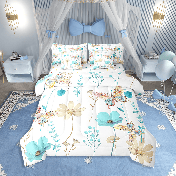 Butterfly Comforter Set With Sheets 7 Piece,Light Blue Beige Watercolor Floral Bedding Sets Twin For Teens Women,Rustic Farmhouse Bed In A Bag Branches Pastoral Bedding Comforter Sets