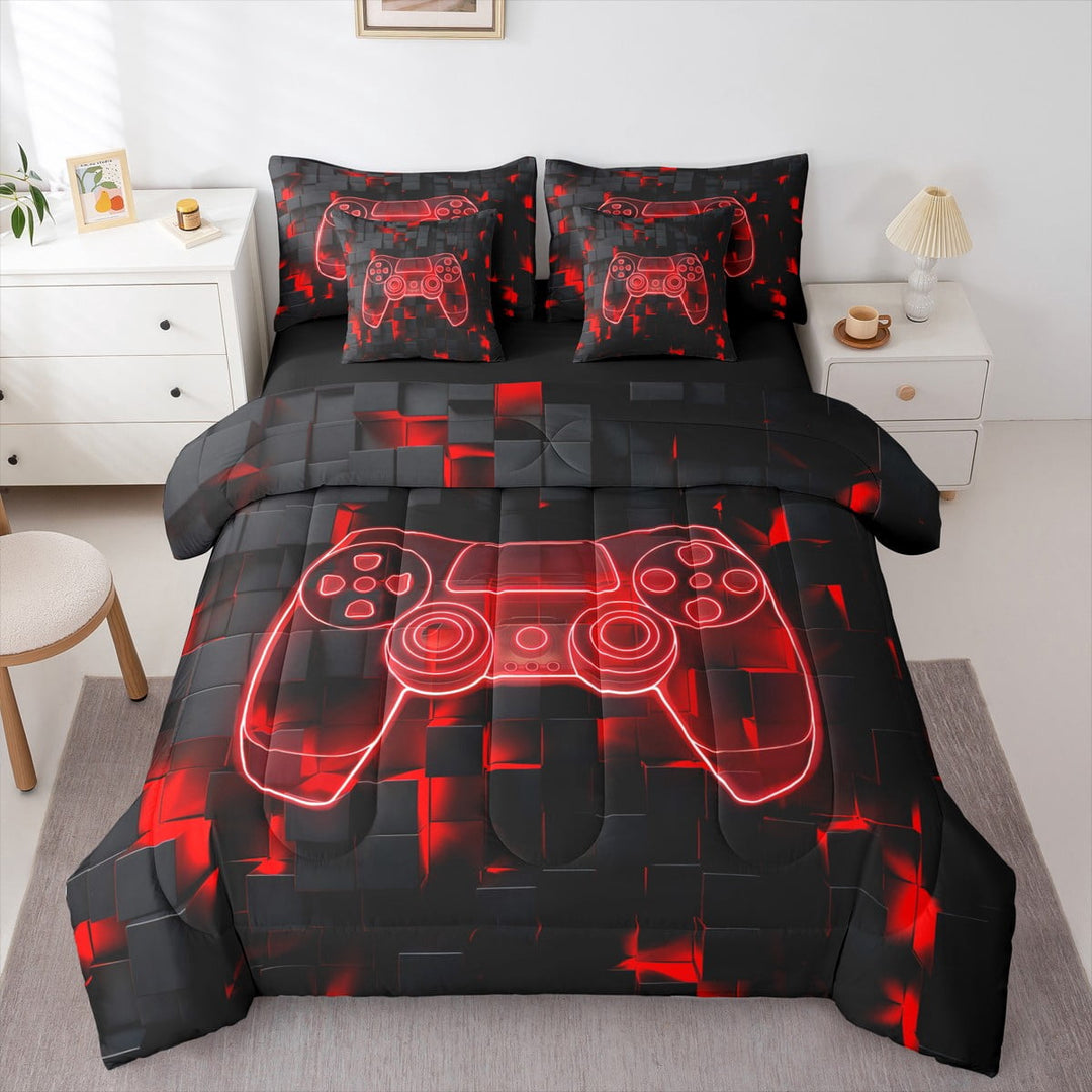 Gamer Comforter , Gaming Fitted Sheet Twin Size Gamer Decor Bedroom, Video Games Gamepad Flat Sheet Neon Geometry Square Pillow Cases Red Black Throw Pillow Covers