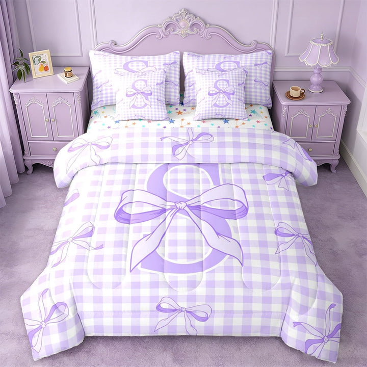 Erosebridal Purple Classic Checkered 7-Piece Twin Bedding Sets For Kids,3D Cartoon Letter S Initial Print Bedding Comforter Set,Colorful Stars Reversible