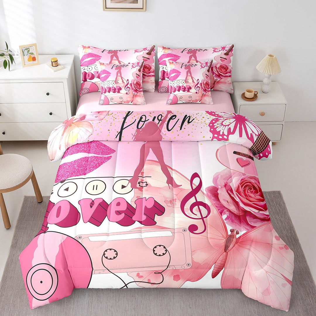 Erosebridal Butterfly Flower Bedding Sets Twin Size,Music Theme Comforter Sets with Sheets,Pink Lips Bed in a Bag Twin size,Super Cozy Melody Room Decor,Reversible,7pcs