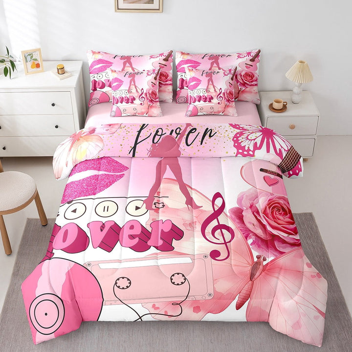 Erosebridal Butterfly Flower Bedding Sets Twin Size,Music Theme Comforter Sets with Sheets,Pink Lips Bed in a Bag Twin size,Super Cozy Melody Room Decor,Reversible,7pcs