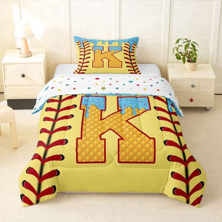 Erosebridal Light Blue Dripping Baseball Stitch &amp; Waffle Letter K Graphic Twin Comforter Sets 3-Piece, Alphabet Graphic Bedding Set for Boys And Girls Kids,Breathable Home Decor