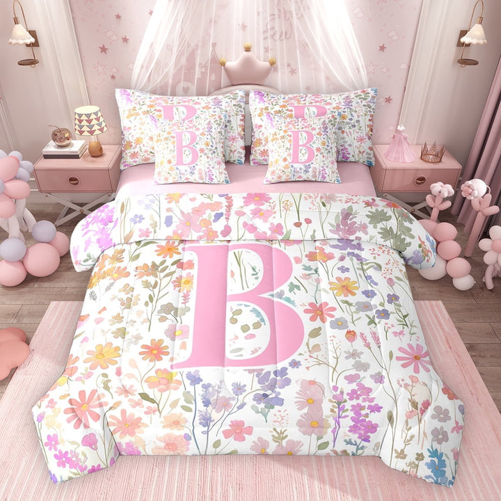 Erosebridal Erosebridal Girls Pink Floral Twin Bedding Sets, Garden Flower Bedding Comforter Set, Monogrammed B, Pink Reversible, 7 Pieces