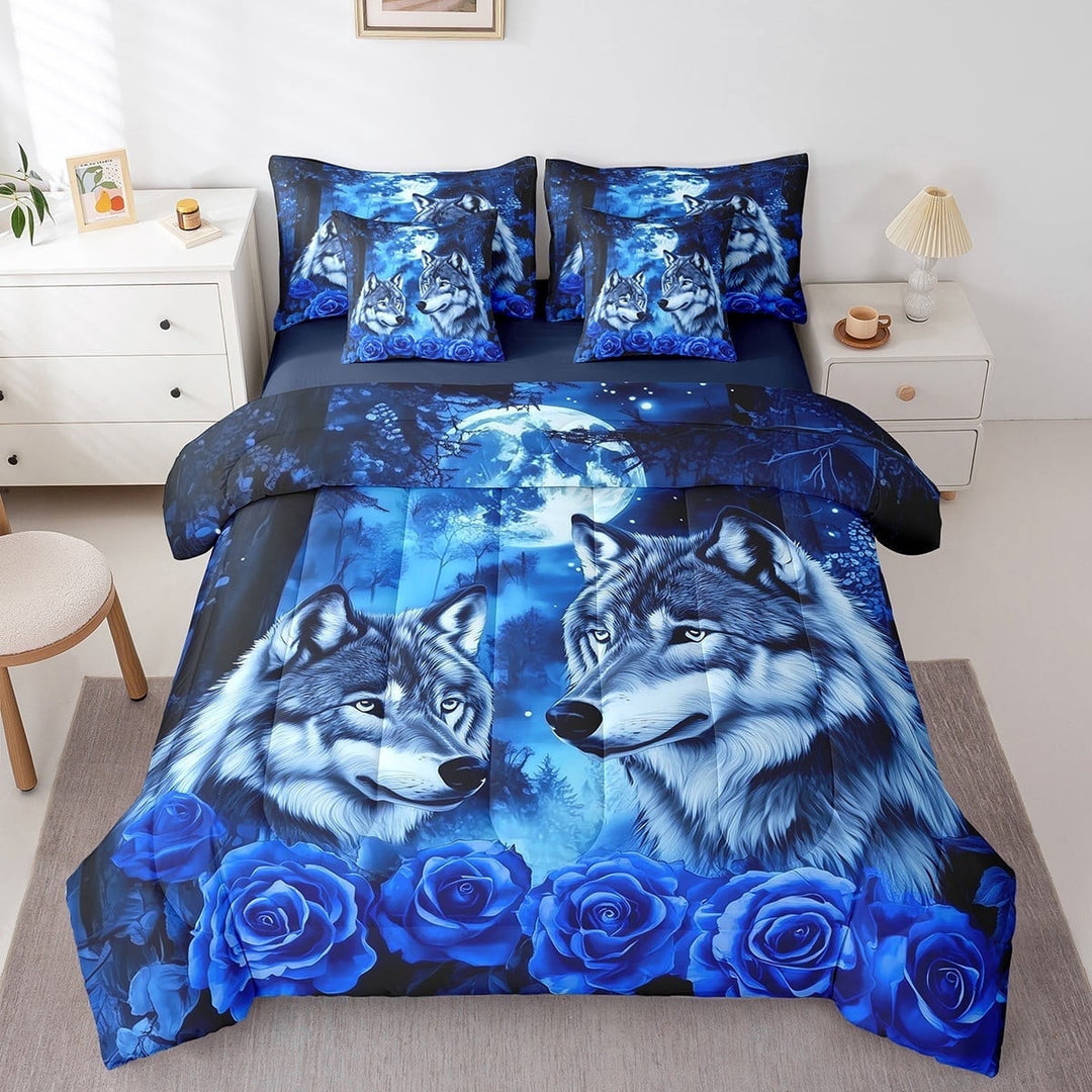 Wolf Couple Full Size Bedding Set,Blue Starry Sky Moon Comforter 7 Pieces,Wolves Rose Safari Wildlife Animal Sheet Set For Women Teens Bedroom Decor Bedding