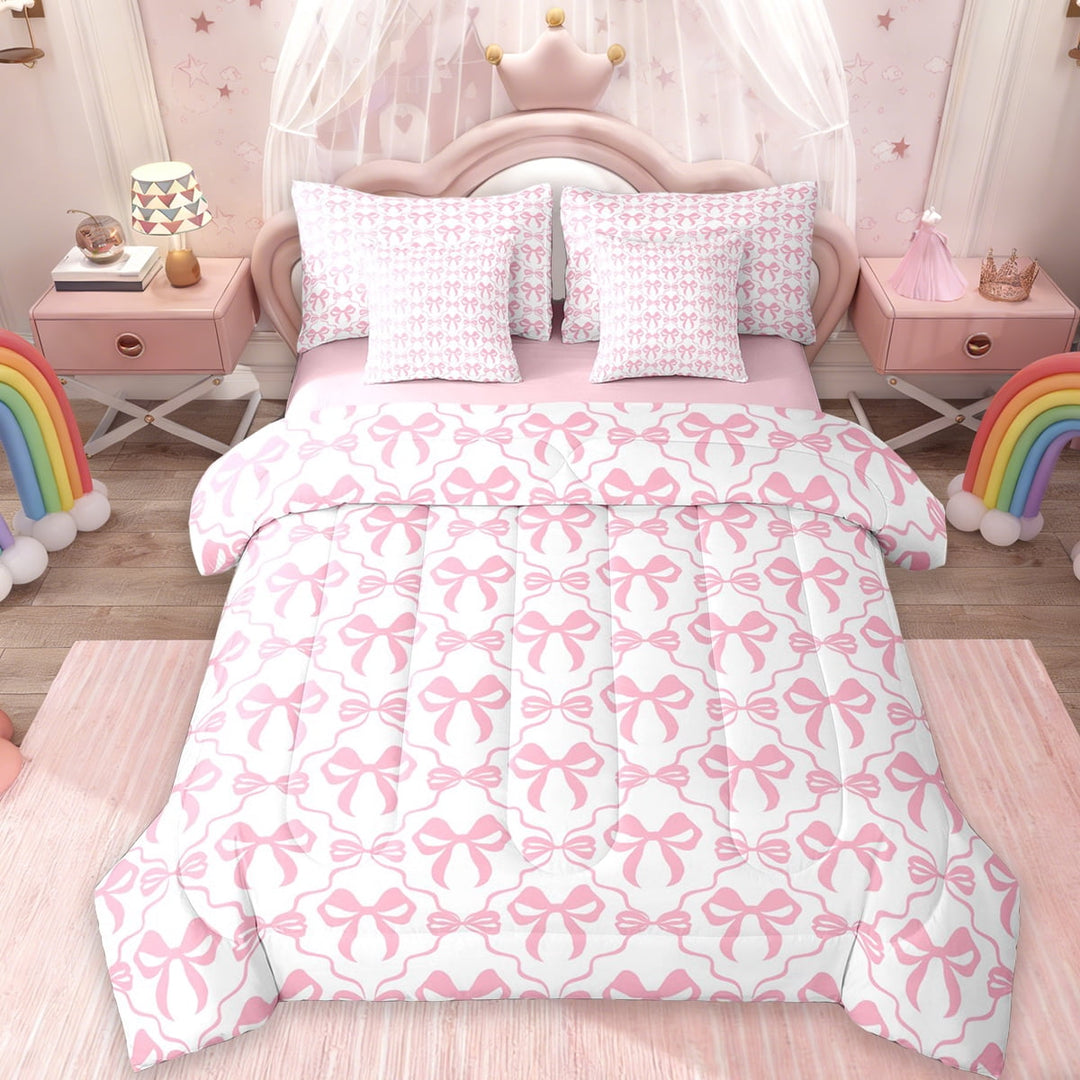 Manfei Cute Bow 7 Pieces Bedding Comforter Set,Lovely Bow Knot Full Bedding Set,Girl Pink Bowtie Fitted Sheet Flat Sheet For Princess,Breathable Home Decor Reversible