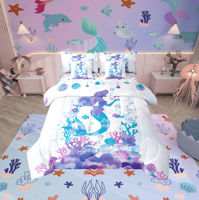 Erosebridal Kawaii Mermaid Bedding Twin Size, Princess Bedding Sets Twin Size, Dreamy Ocean Reversible Bed Set, Ultra Soft Room Decoration, 7 Pieces
