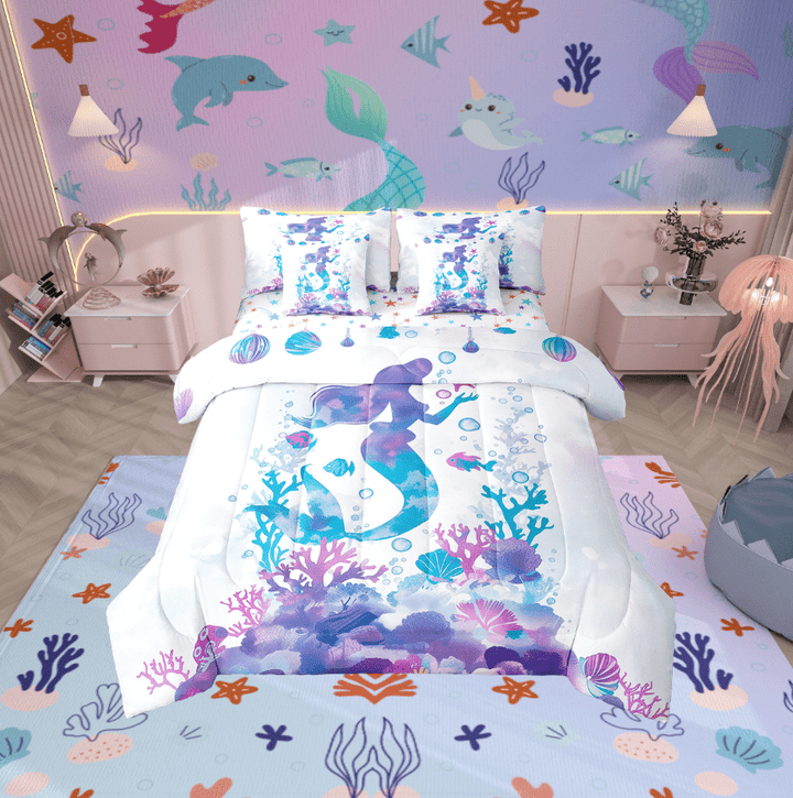 Erosebridal Kawaii Mermaid Bedding Twin Size, Princess Bedding Sets Twin Size, Dreamy Ocean Reversible Bed Set, Ultra Soft Room Decoration, 7 Pieces