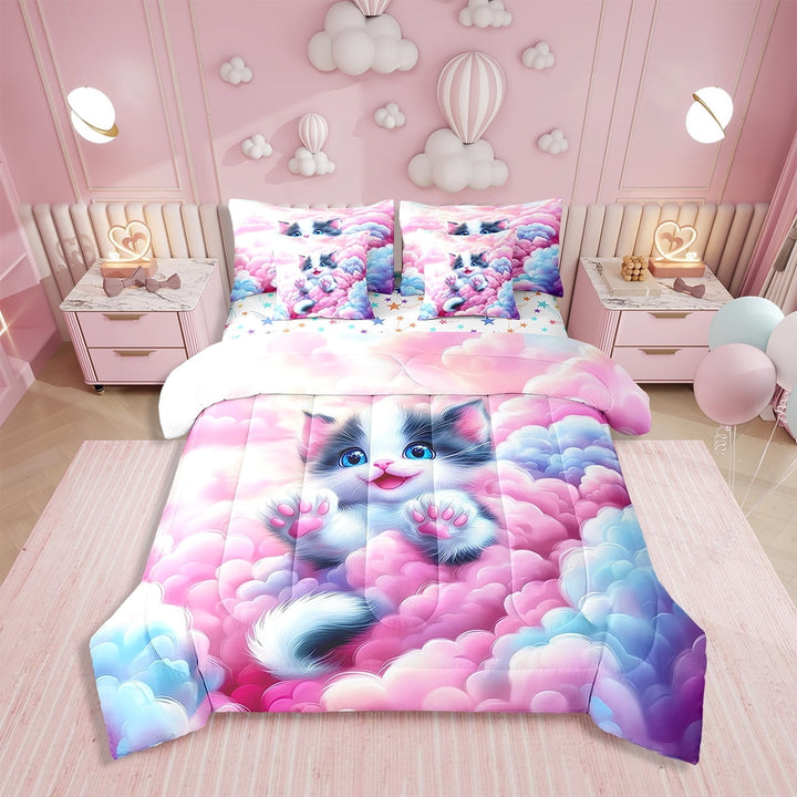 Erosebridal Kawaii Cat Bedding Comforter Set 7 Pieces For Kids,Cartoon Animal Full Bedding Set,Pink Blue Fitted Sheet Flat Sheet