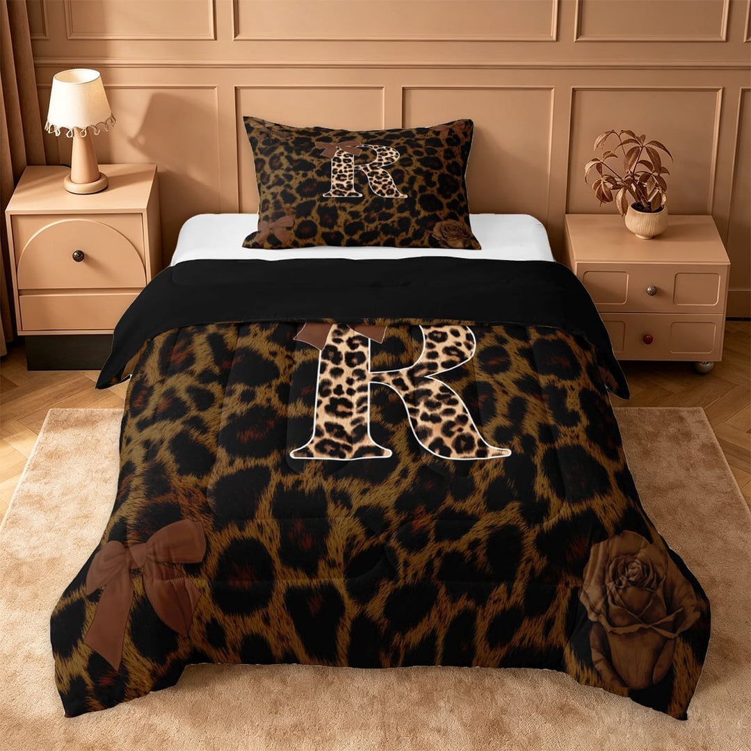 Erosebridal Leopard Animal Print Twin Comforter Sets,Initial Letter R Bedding Set For Bow Lovers,Black Reversible,2pcs
