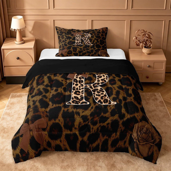 Erosebridal Leopard Animal Print Twin Comforter Sets,Initial Letter R Bedding Set For Bow Lovers,Black Reversible,2pcs