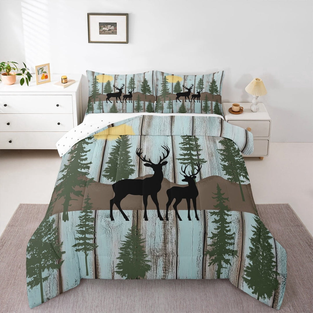 Elk Deer Bedding Set Farmhouse Cottage Lodge Twin Comforter Set ,Christmas Reindeer Pine Trees Quilt Woodland Wildlife Moose Duvet Insert,Rustic Home Decor,Green
