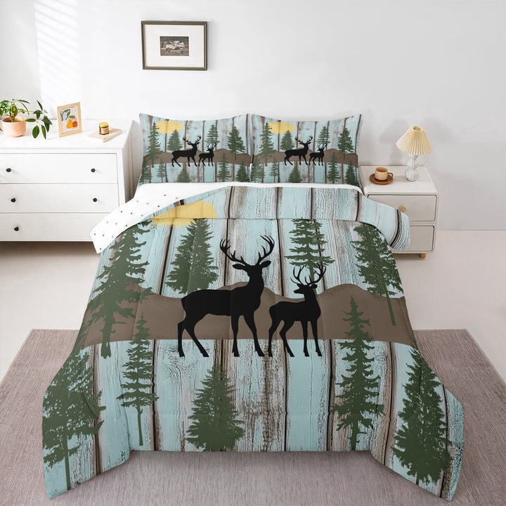 Elk Deer Bedding Set Farmhouse Cottage Lodge Twin Comforter Set ,Christmas Reindeer Pine Trees Quilt Woodland Wildlife Moose Duvet Insert,Rustic Home Decor,Green