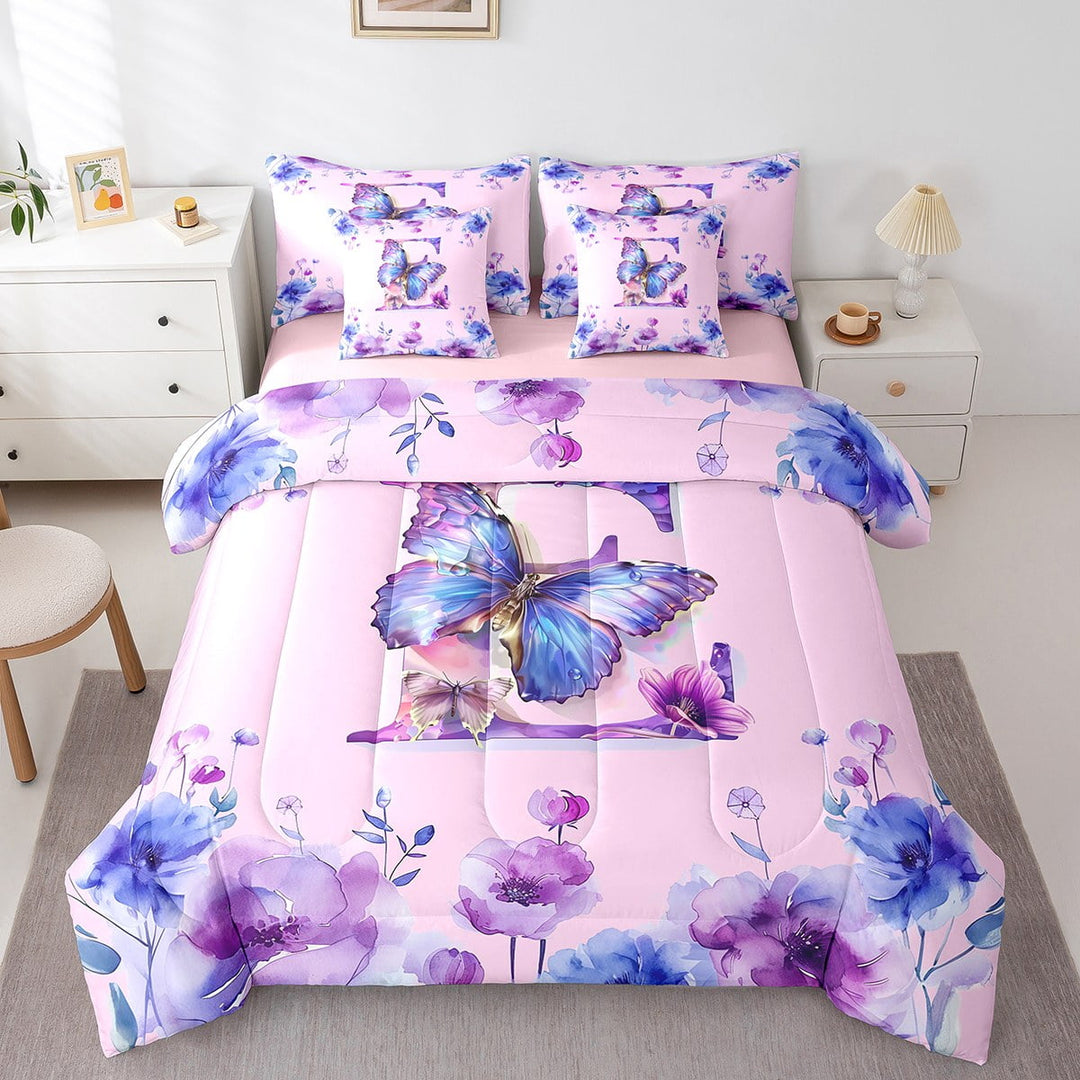 Erosebridal Initial Letter E Bedding Twin Size,Monogrammed Theme Bed Set,Butterfly Flower Floral Bedding Sets Twin Size,Super Cozy Room Decorative Reversible,7pcs