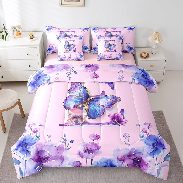 Erosebridal Initial Letter E Bedding Twin Size,Monogrammed Theme Bed Set,Butterfly Flower Floral Bedding Sets Twin Size,Super Cozy Room Decorative Reversible,7pcs