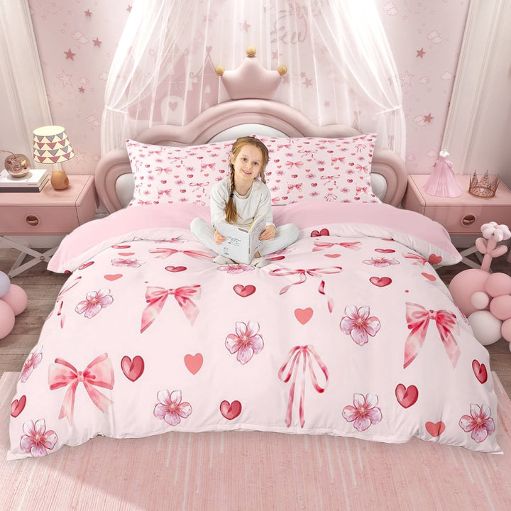 Erosebridal Chic Cherry Blossoms Duvet Cover Set for Girls, Bowknot Print Bedding Full, Pink Reversible 3-Piece, 1 Duvet Cover and 2 Pillowcases, No Comforter