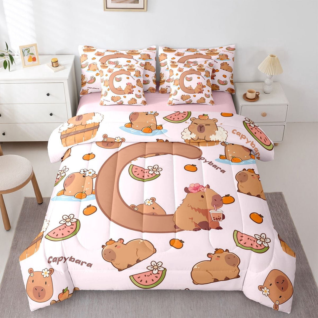 Erosebridal Kids C Personalized Initial Capybara Bubble Tea Twin Bedding Sets 7-Piece,Boys Girls Kawaii Funny Food Bedding Comforter Set,Pink Reversible