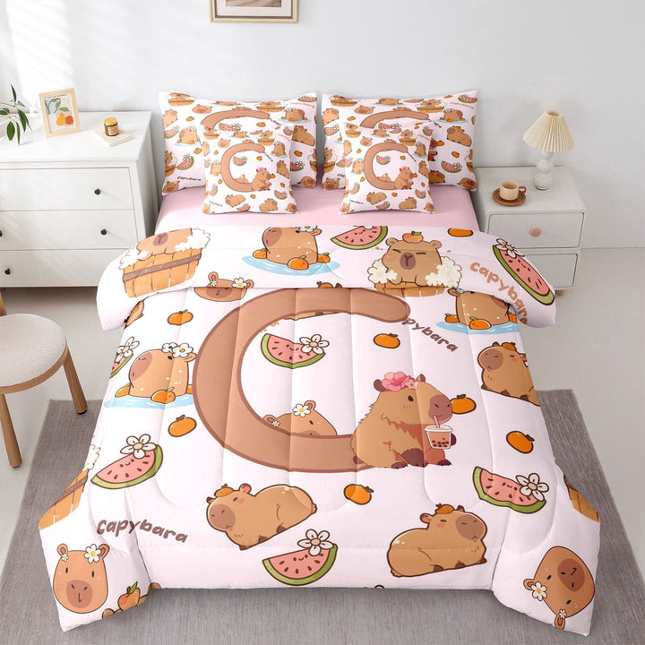 Erosebridal Kids C Personalized Initial Capybara Bubble Tea Twin Bedding Sets 7-Piece,Boys Girls Kawaii Funny Food Bedding Comforter Set,Pink Reversible
