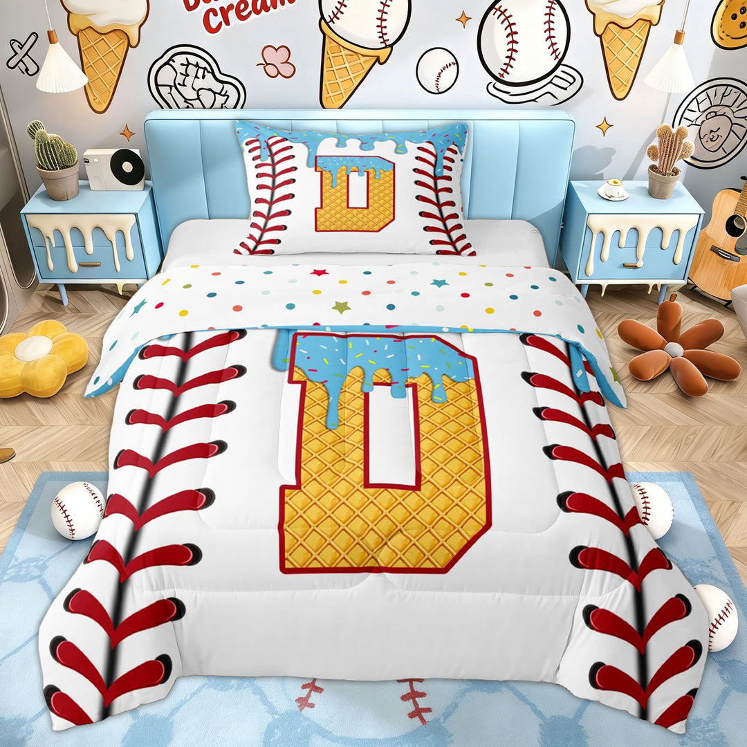 Erosebridal Kids Cute Letter D Twin Comforter Sets, Baseball Ice Cream Bedding Set, 2pcs
