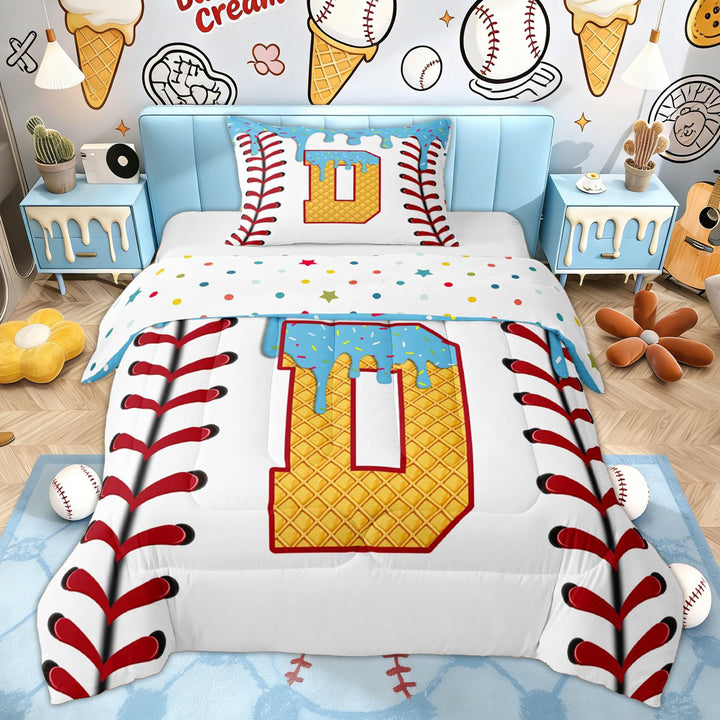 Erosebridal Kids Cute Letter D Twin Comforter Sets, Baseball Ice Cream Bedding Set, 2pcs