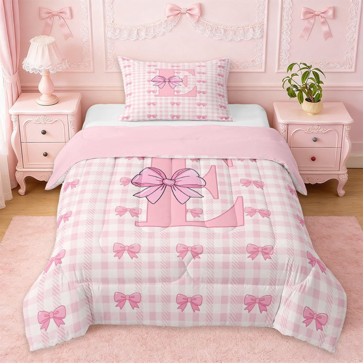 Erosebridal Pink Girly Bow Twin Comforter Sets,Letter E Initial Monogrammed Bedding Set For Kids,Pink Reversible,2-Piece