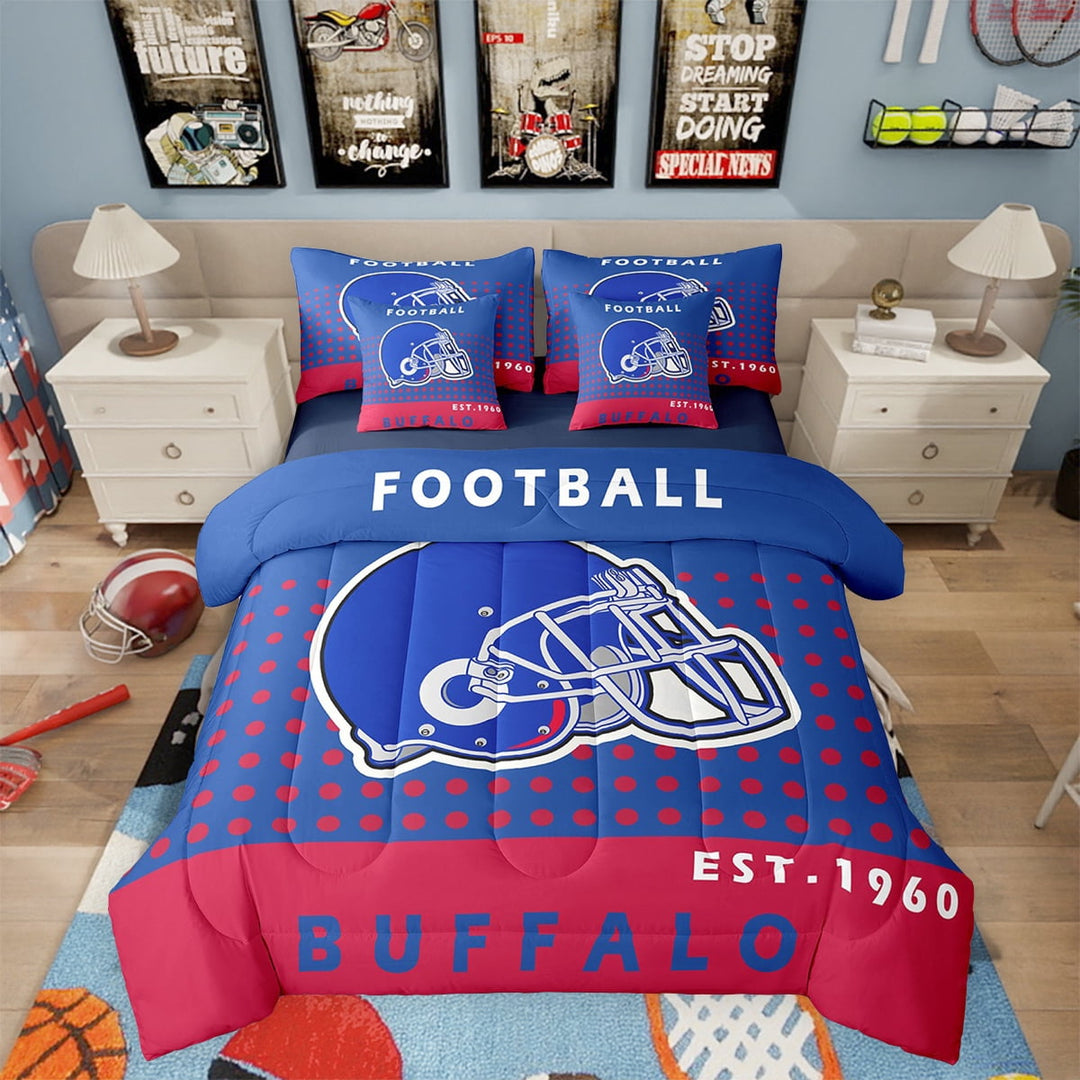 7 Piece Bed in a Bags Twin Football Sports Bedding Sets Teen Football Lover Comforter Set with Sheets Football Team Sports Game Bed Set American Football City Sheets(Buffalo)