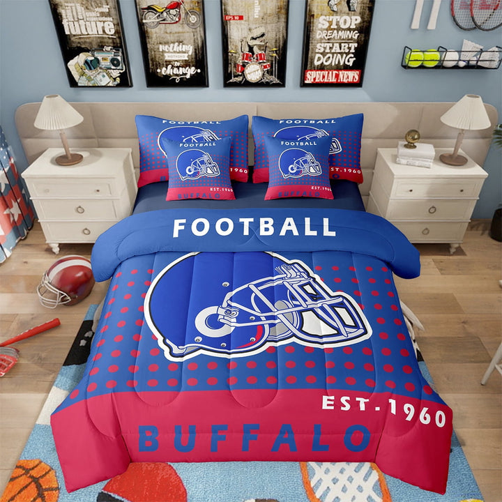 7 Piece Bed in a Bags Twin Football Sports Bedding Sets Teen Football Lover Comforter Set with Sheets Football Team Sports Game Bed Set American Football City Sheets(Buffalo)