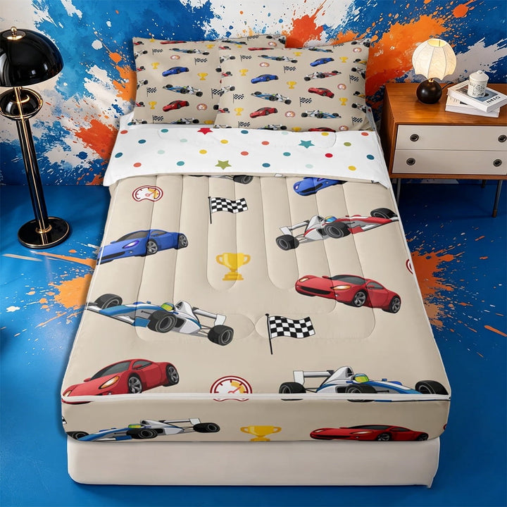 Meiyoeat Cartoon Race Car Pattern Zipper Twin Comforter Sets with Fitted Sheet and 2 Pillowcases, Trophy Flag Print Zipper Bedding Set, Beige Multi Color,4-Piece