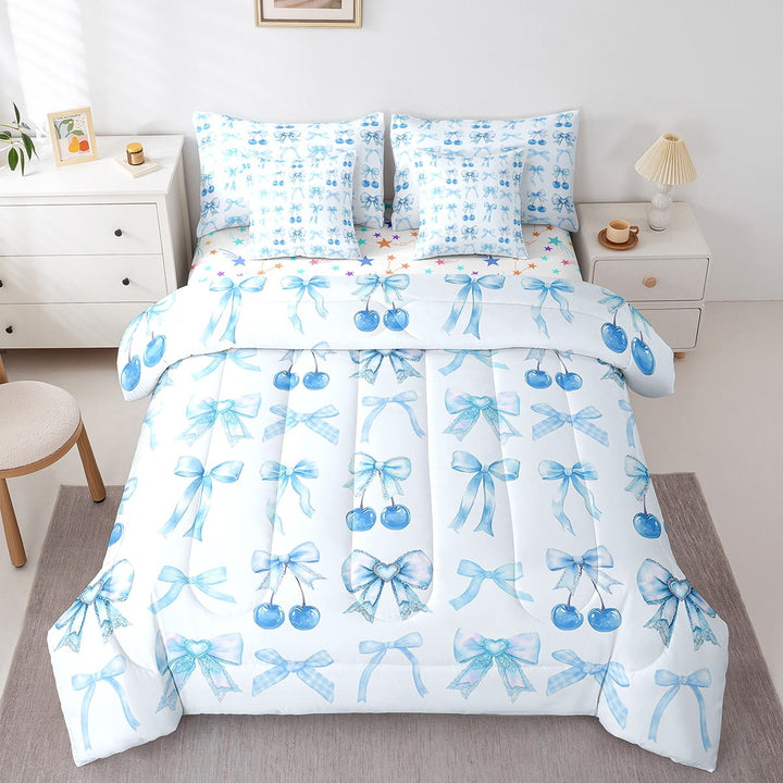 Erosebridal Blue Bow Bed in a Bag Twin size, Kawaii Bowknot Bed Set, Cartoon Cherry Decor, Reversible 7pcs