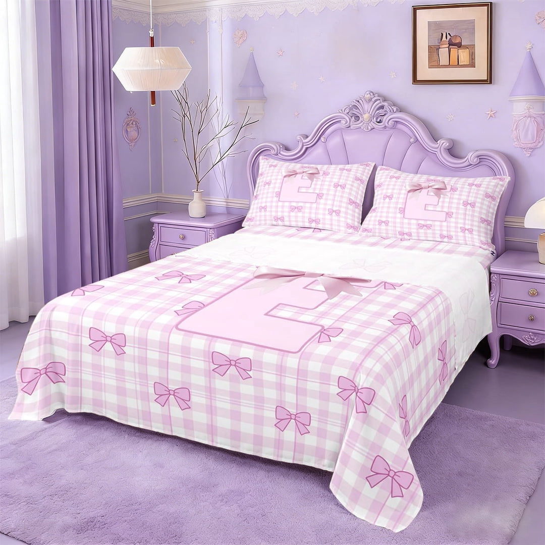 Erosebridal Letter E Initial Monogram Full Size Sheets,Pink Girly Bow Bed Sheets For Kids 4 Pieces