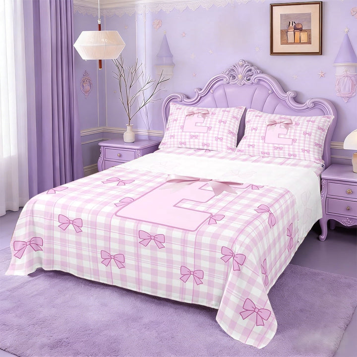 Erosebridal Letter E Initial Monogram Full Size Sheets,Pink Girly Bow Bed Sheets For Kids 4 Pieces