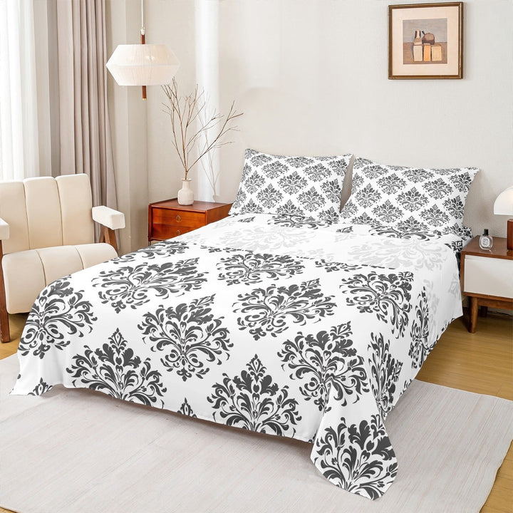Erosebridal Baroque Gothic Print Twin Sheet Sets,Blue Boho Floral Bedding Twin Size,White Gray Jacquard Bed Sheets Set Twin Size,Super Cozy Room Decorative,3-Piece