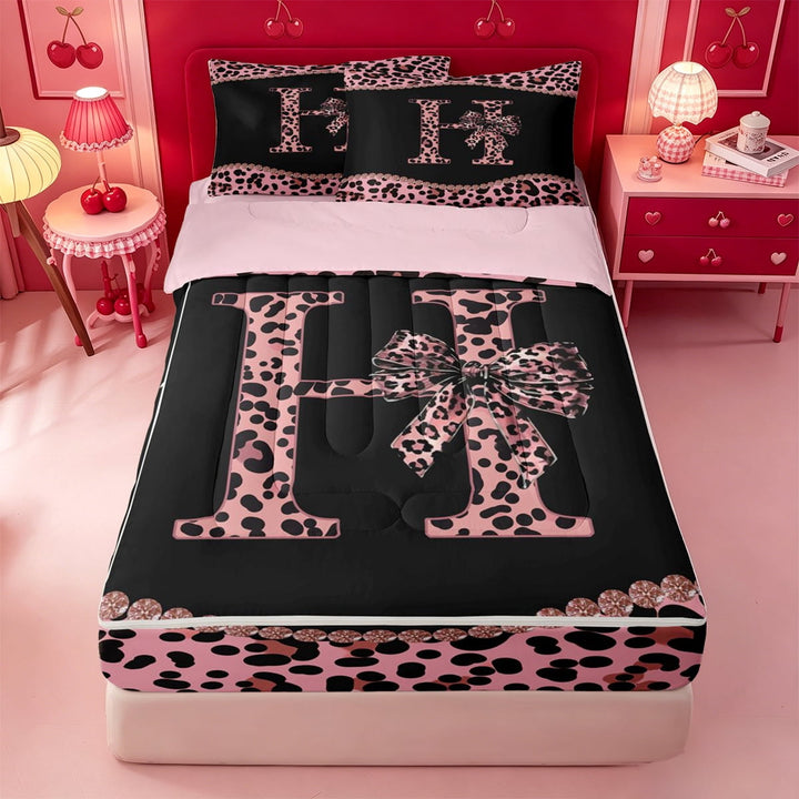 meiyoeat Pink Leopard Animal Print Zipper Full Size Comforter Sets with Fitted Sheet and 2 Pillowcases,Fashion Cheetah Bow Alphabet H Zipper Bedding Set For Kids,pink Reversible,4-Piece