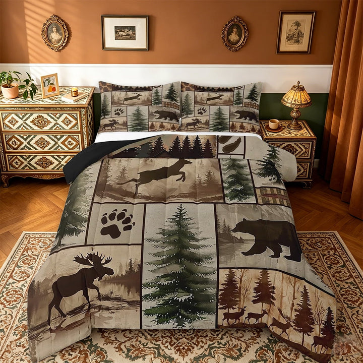 Manfei Western Rustic Bear Full Size Comforter Sets,Farmhouse Animal Deer Wildlife Hunting Bedding Sets Reversible 3 Pieces