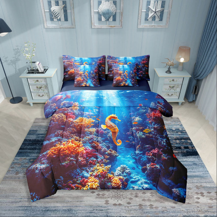 Erosebridal Sea Seahorse Bedding Sets Twin Size,Marine Wildlife Comforter Sets with Sheets,Underwater World Decor,Reversible,Breathable,7-Piece