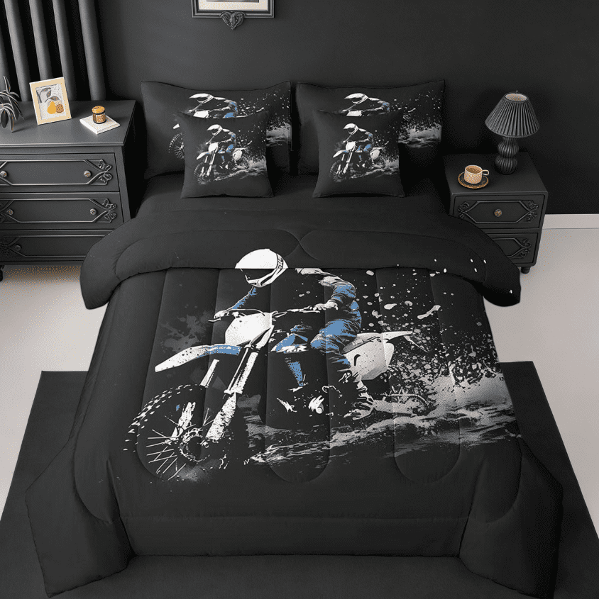Manfei Dirt Bike 7 Pieces Bedding Comforter Set,Racing Themed Dirt Bike Racing Motocross Full Bedding Set For Kids Boys Girls Motorbike Lover Reversible